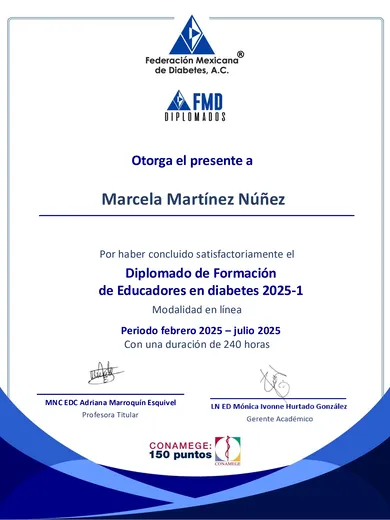 Constancia del Diplomado de Formación de Educadores en Diabetes